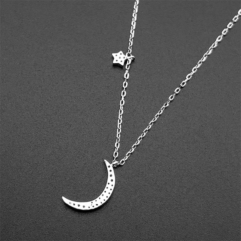 Luxury 925 Sterling Silver Crescent Moon Star Zircons Pendant Necklace for Women Girl Islamic Charms Choker Chain Jewelry Gift