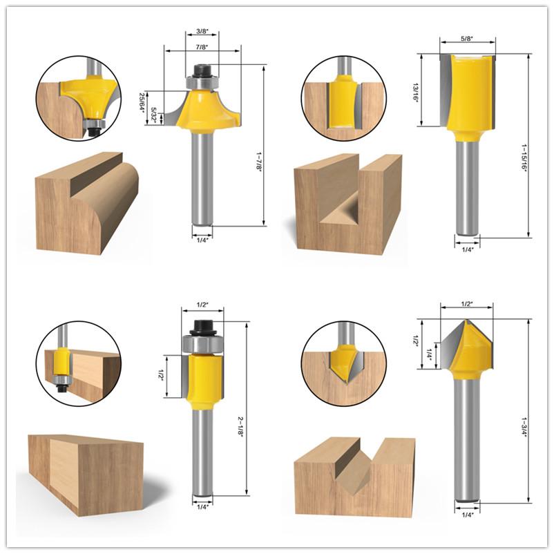 15 bucăți freză dreptă de tăiat pentru bucăți din lemn de tăiere din carbură de tungsten pentru prelucrarea lemnului Set de freză de 1/4 inch 8 mm