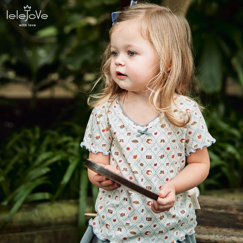 LELE JOVE Girls  Nordic Style Retro Print Cotton Short Sleeve T-Shirt 110