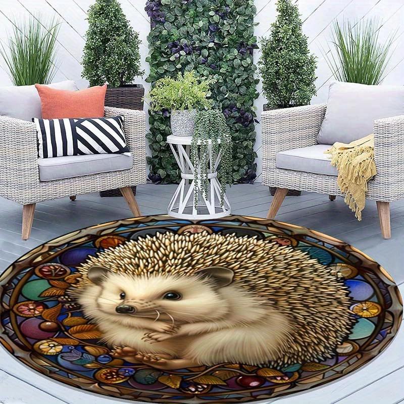 Retro Hedgehog Round Rug, Charming Non-Slip Mat for Patio, Garden, Bedroom, Living Room, Vintage Style Decor