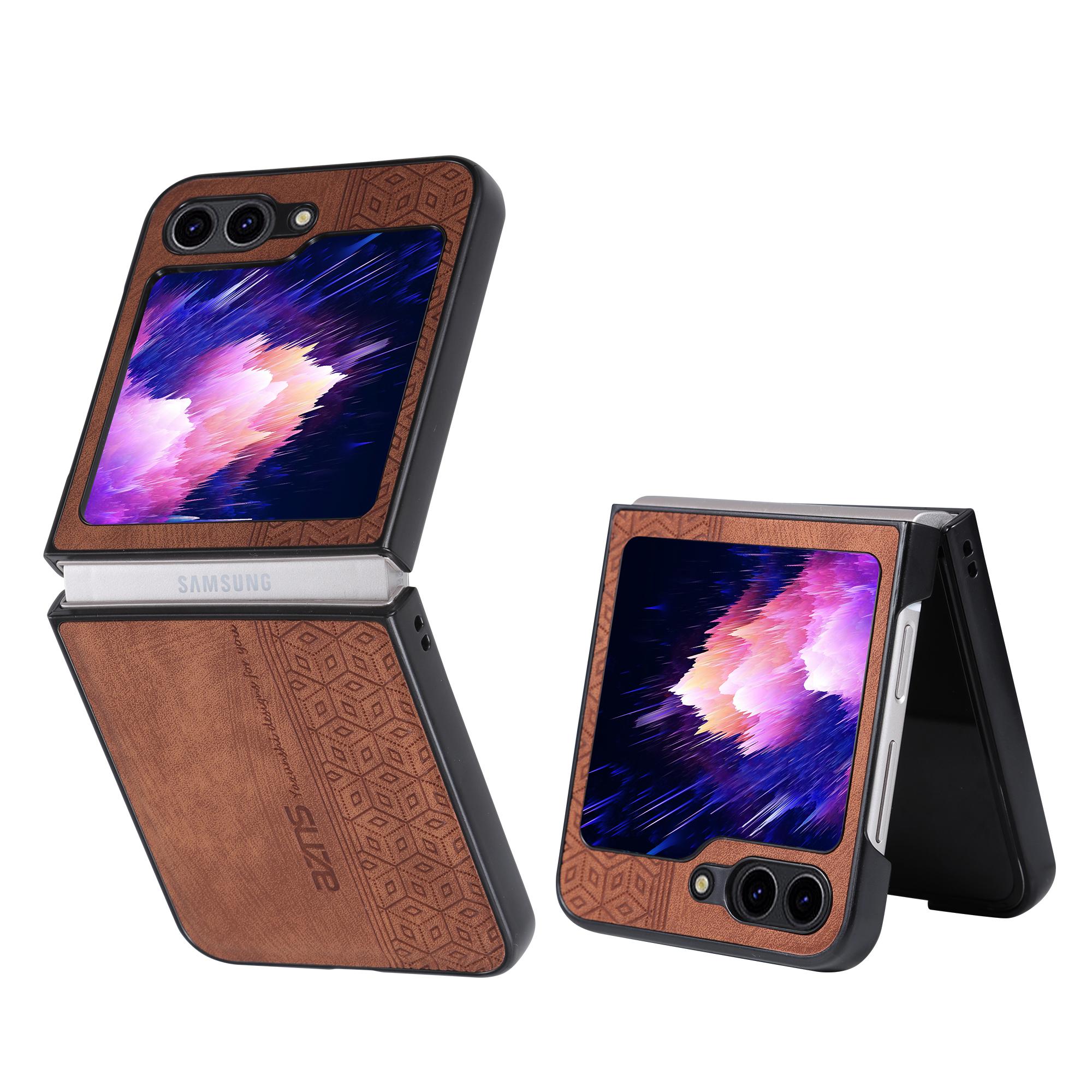 

AZNS For Samsung Galaxy Z Flip5 5G Imprinted Pattern Phone Case PU Leather+Hard PC Thin Cover Brown