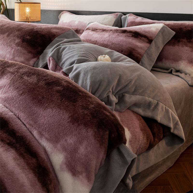Thickened Rabbit Fleece Four-Piece Set, Warm Milk Fleece Bed Sheet Quilt Cover, Fleece Bedding, Coral Fleece Quilt Cover
