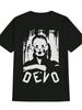 Casual Crew Neck T-shirt with Fun 3D Graphic Print - Black Short Sleeve Tee Featuring "DEVO" Design