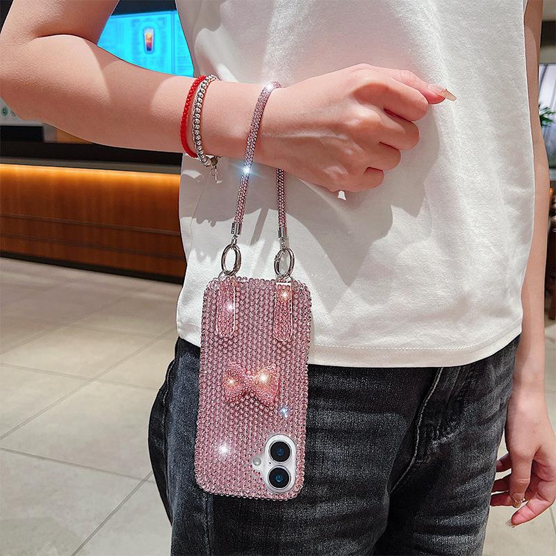 High-end Flash Diamond Bow Lanyard Mobile Phone Case for Apple 17promax Women's Model for IPhone16 Protective Case