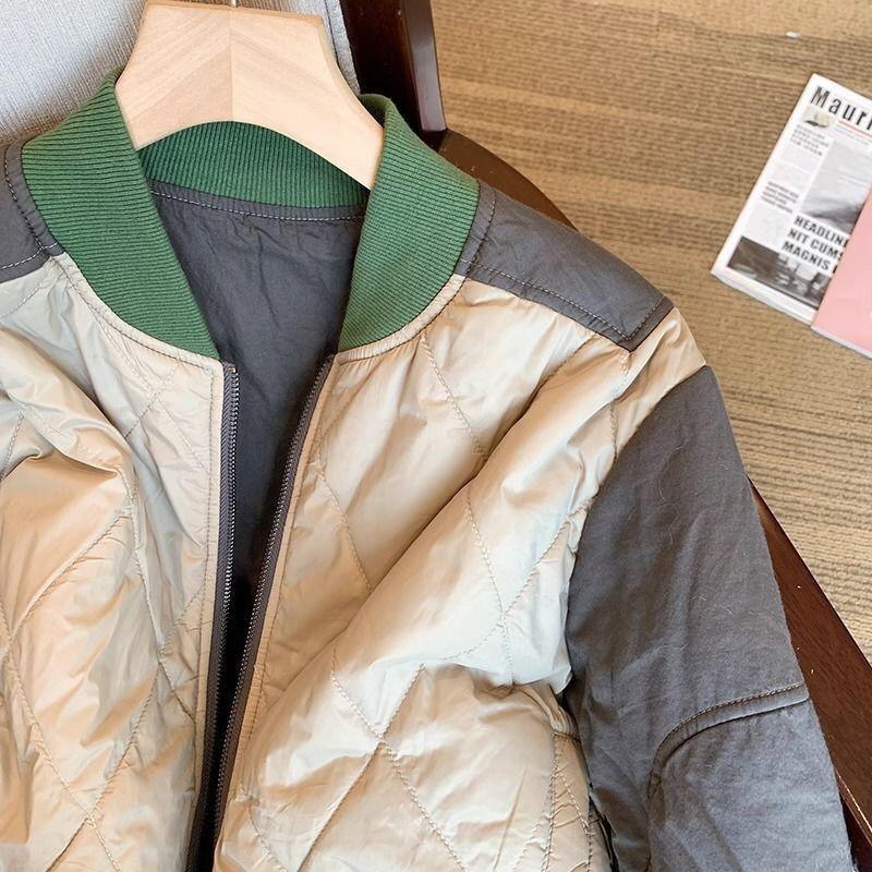 Autumn/Winter Color Blocked Lattice Baseball Jacket with Patchwork Design