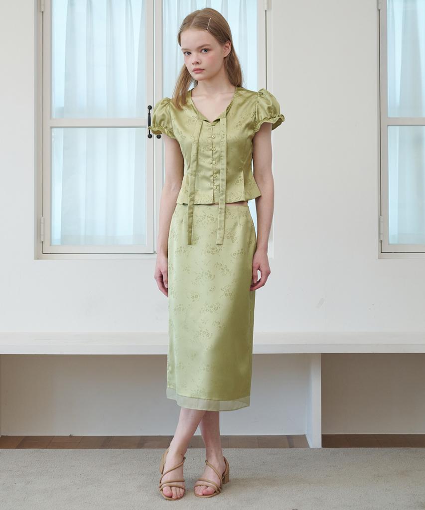 Opening Sunshine Organza Point Jacquard Satin Midi Skirt Flower Olive
