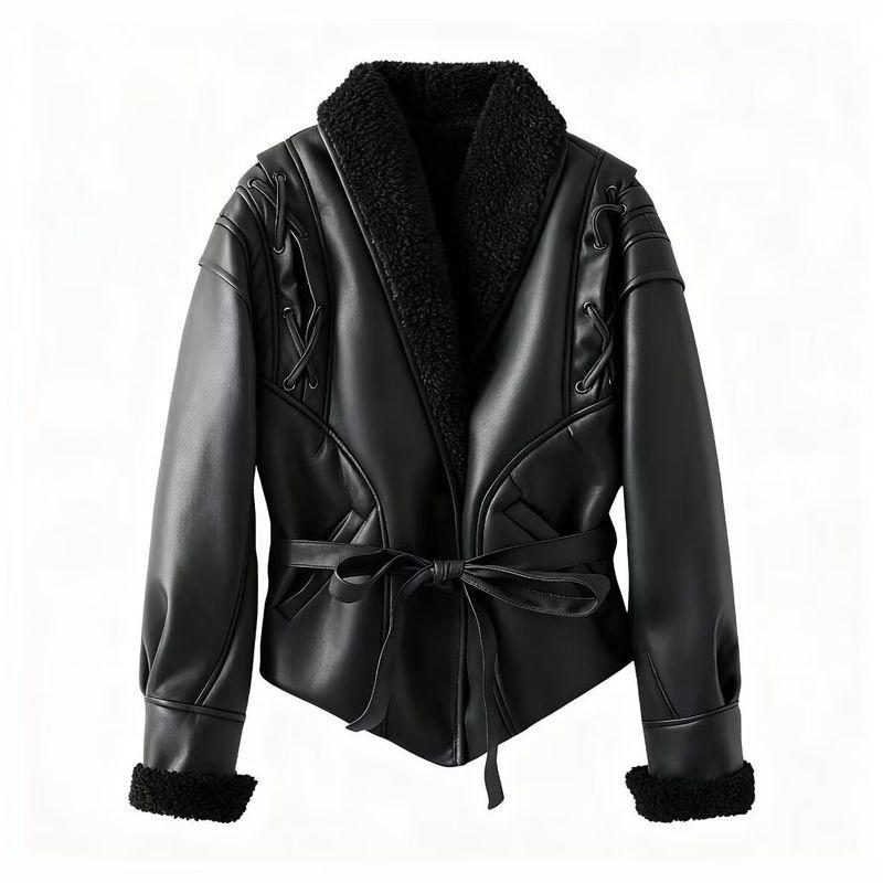

Для Новой Осенней Женской Одежды 2025 Модный Стиль Модная Замшевая Куртка из Искусственной Овчины на Шнуровке Короткое Пальто Black XL