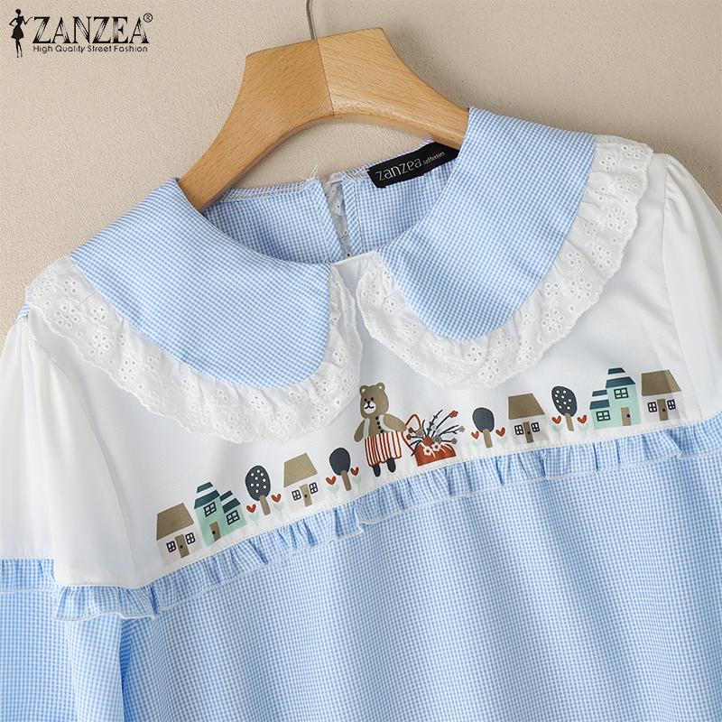 ZANZEA Womens Casual Doll Collar Long Sleeve Loose Patchwork Blouse