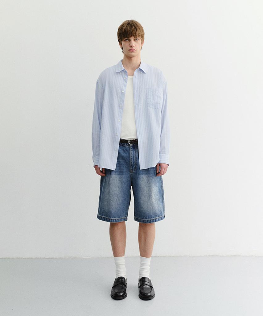 Deonseuteupomaen Pleated Bermuda Denim Shorts_Udpa6B323_Classic Blue