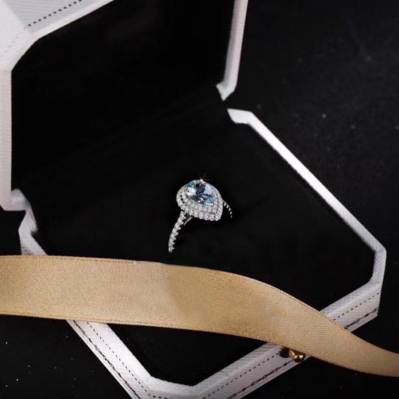 S925 Sterling Silver Adjustable Aquamarine Water Drop Ring for Women - Trendy, Inlaid Open Band, Simple Design for Index Finger