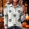 Women's Halloween Print Knit Long Sleeve Top with Lapel Collar