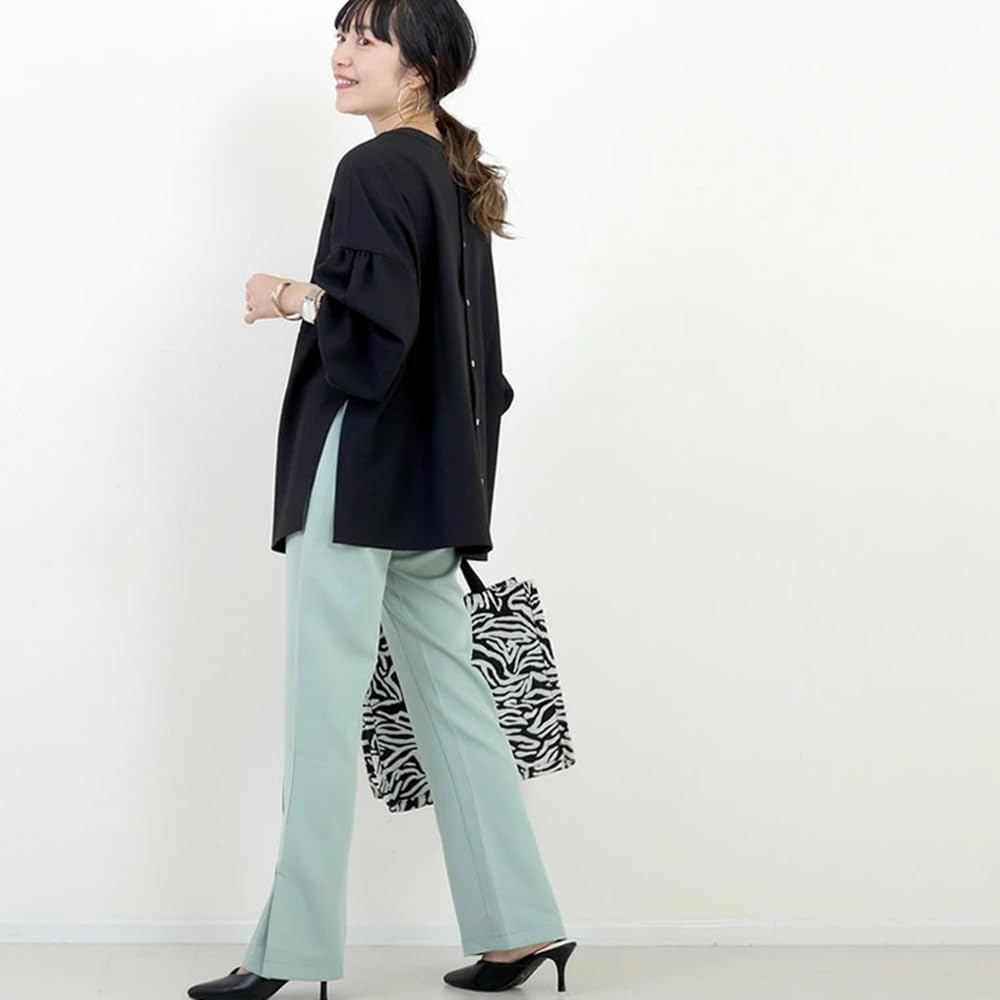 [BXINF] Women's Long Sleeve Shirt, Crew Neck, Thin, Loose Fit, Summer/Autumn, Solid Color (JP, Alphabet, Free Size, Black)