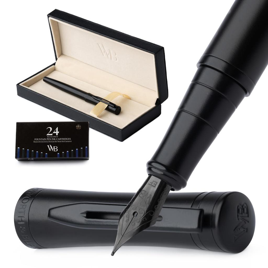 Wordsworth Black Fountain Pen Extra 24 Ink Ink Refill Converter Gift Unisex & Set, Fine, Cartridges, & Box, Calligraphy, [All Black],