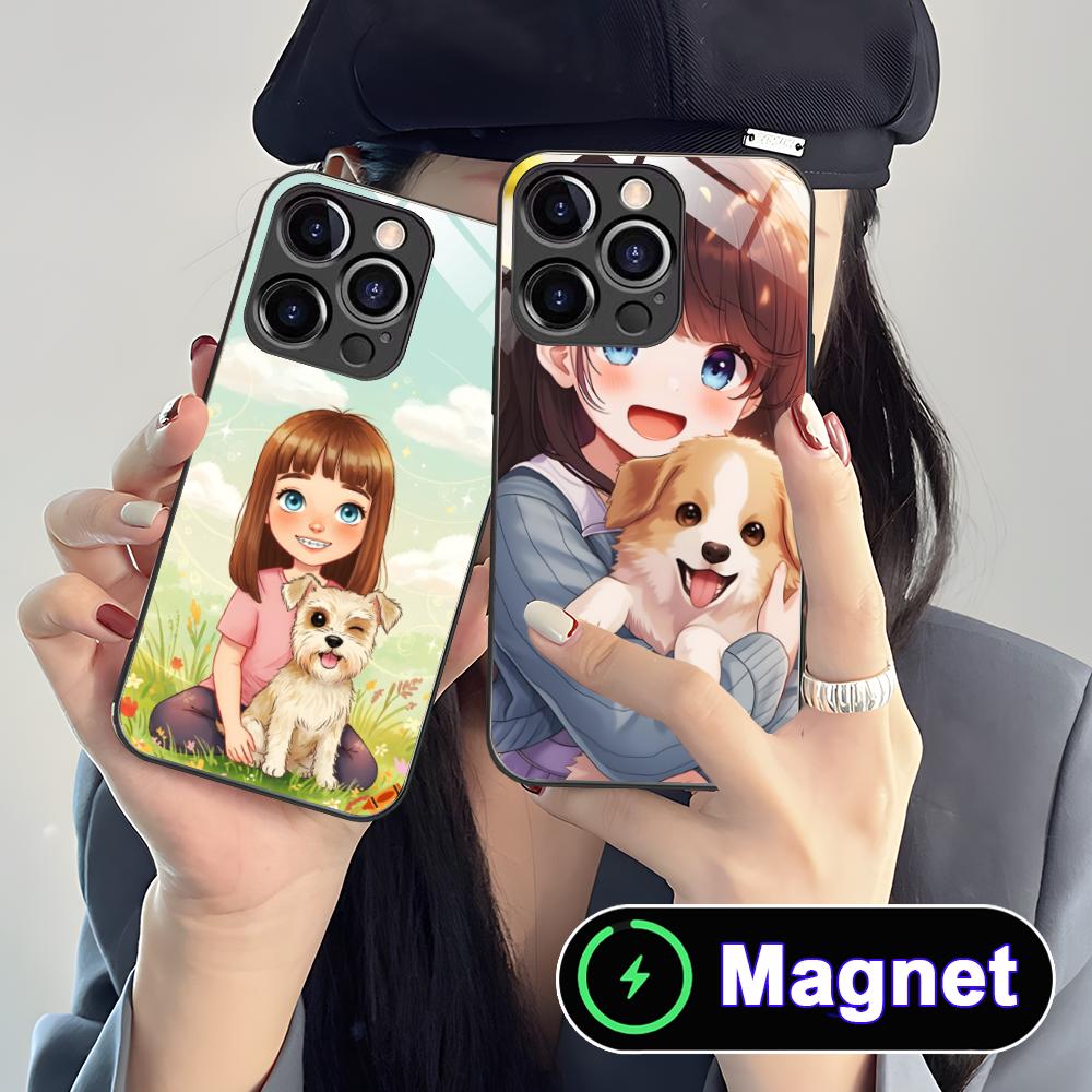 Girl Dog Puppy Glass MagSafe Mobile Phone Case for iPhone 17 16 15 14 13 12 11 Air Pro Max Plus Mini Colorful Cover