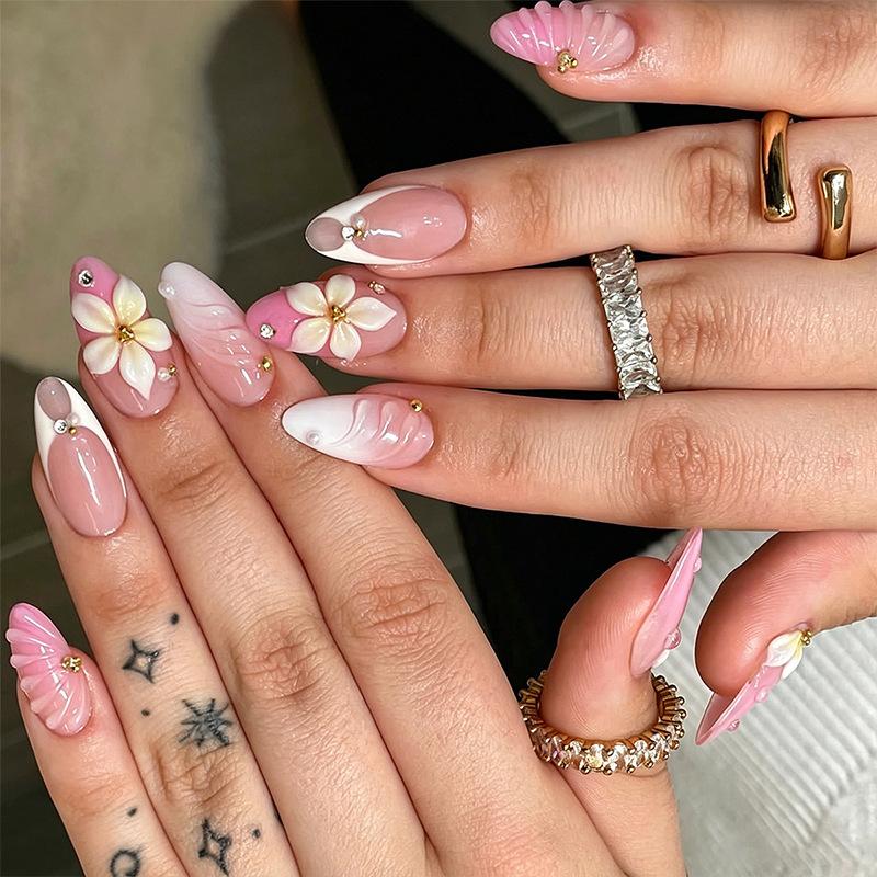 Summer European And American Wearable Nails Short Almond Nails Pink High-end 3D Flower Manicure Wearable Nails