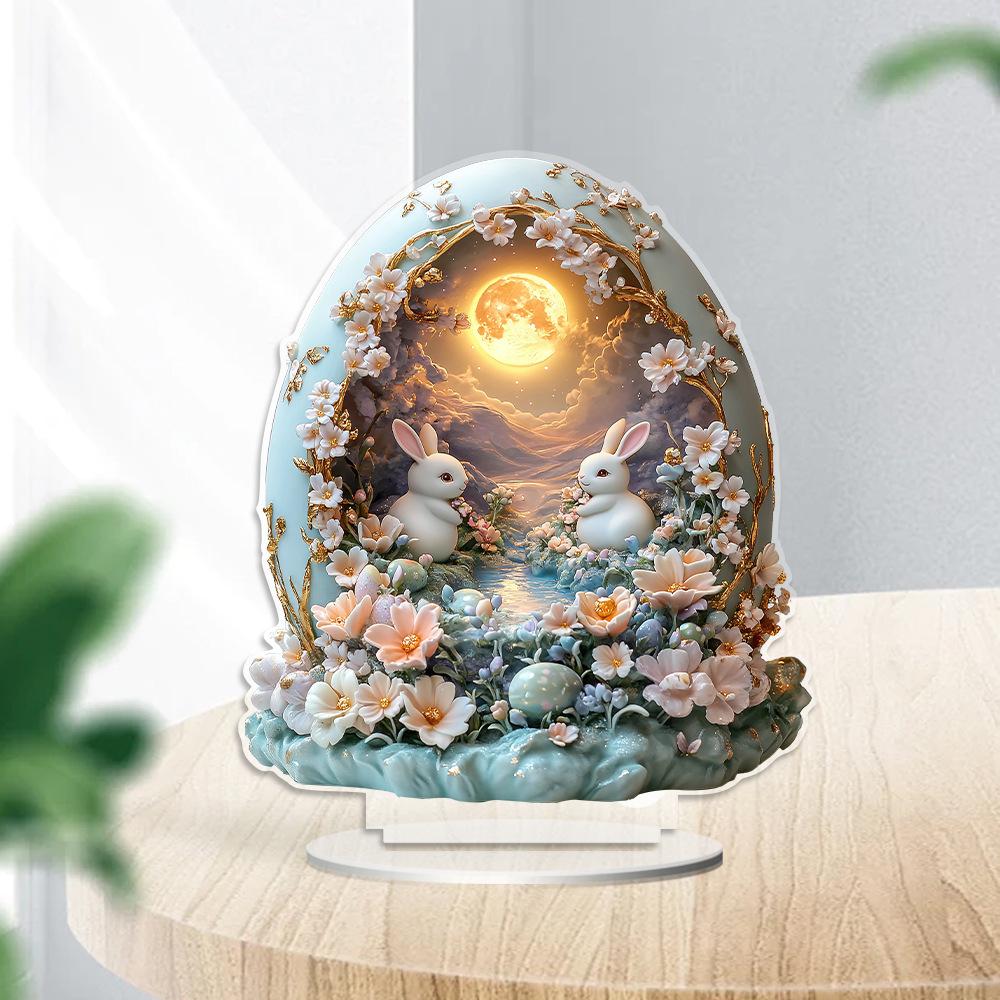 New Easter Egg Shaped Cottage Rabbit Acrylic Ornament 2D Flat Cute Rabbit Desktop Ornament Easter Gift