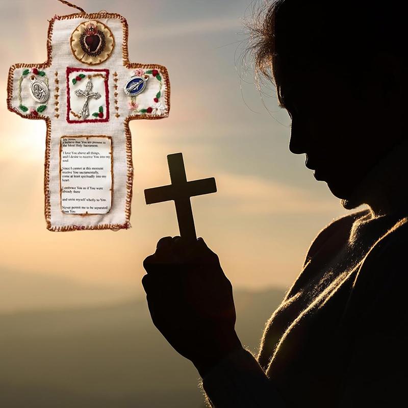 Santuario de Bolsillo con Cruz de Plata Incluida en el Interior, Colcha de Oración Hecha a Mano, Mini Colchas de Escrituras, Regalos Espirituales Cristianos