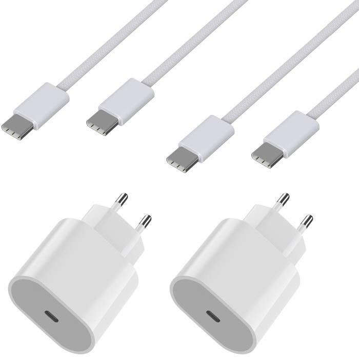 Chargeur Rapide 20W - Phonillico - Lot de 2 - Câbles USB-C 1m - Compatible Airpods 4/Pro 2/Max 2024