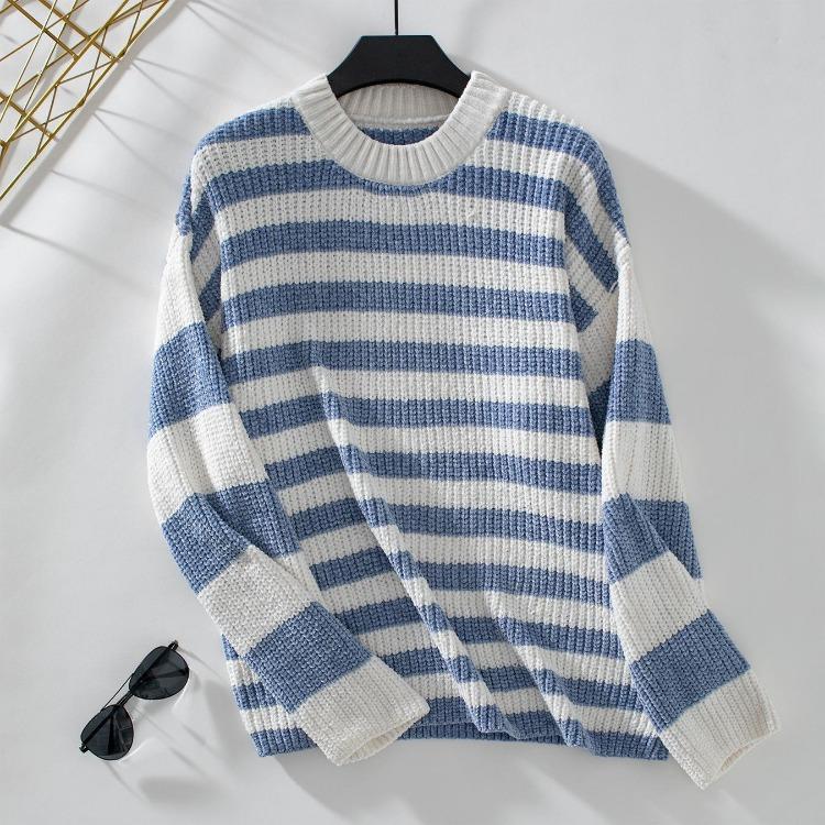 

Vintage Autumn Winter Stripe Cardigan Loose Knitwear Sweater Long Sleeve O Neck XL синий