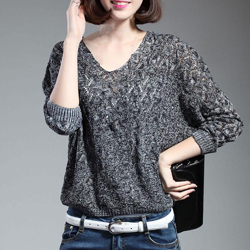 Women s Fashion Loose V Neck Hollow Knitted Solid Color Sweater чёрный