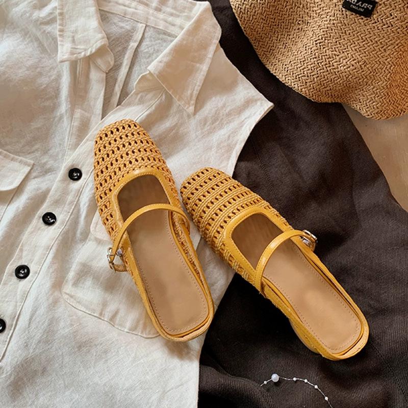 Fashion Women Slippers 2025 Summer Square Toe Retro Comfortable Breathable Half-slippers Flat Ballet Shoes Mary Jane Femme Zapatillas