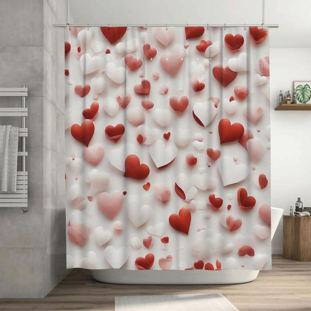 3D Red and White Hearts Shower Curtain | Romantic Bathroom Decor