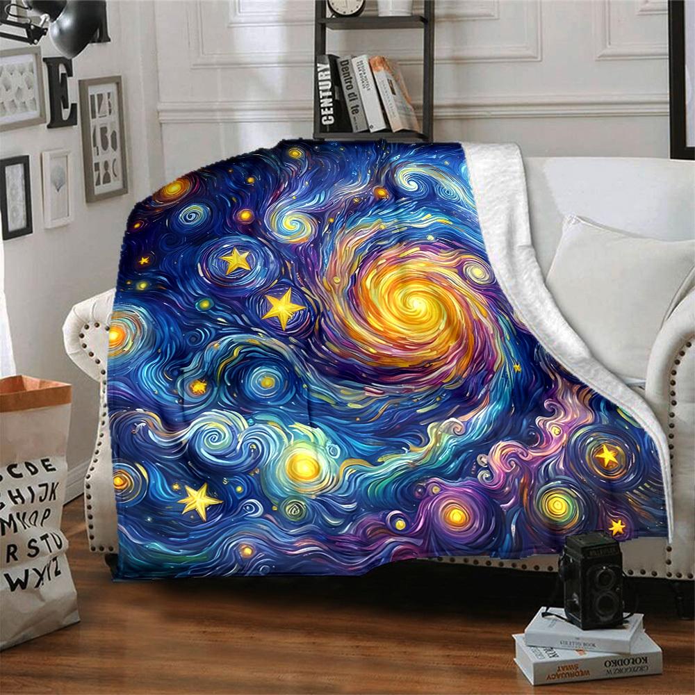 1pc Starry Night Cosmic Swirl Blanket, Lightweight Flannel Throw Blanket For Sofa, Bed, Travel, Camping, Living Room, Office, Couch, Chair, And Bed
