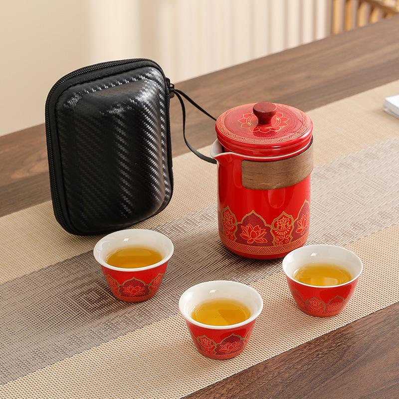 Ancient Charm Ceramic Travel Tea Set: Quick-Brew Pot with Three Cups for Outdoor Use - Customizable Logo Gift