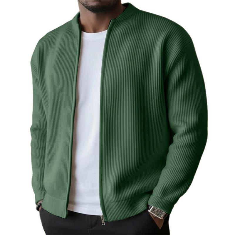 Cardigan da uomo con zip intera a coste - Tessuto a maglia morbida, Collo alto, Vestibilità rilassata per l'uso quotidiano e casual