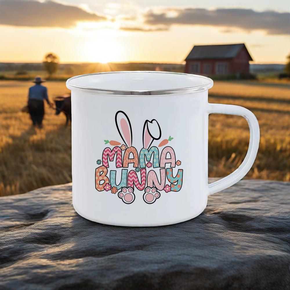 Cute Rabbit Pattern Breakfast Cups Soft Charming Color Milk Cola Mug For Camping Hiking Safe Durable UseHappy Easter Enamel Mug