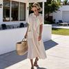 Women Summer Long Dress Tie Neck Short Sleeve Flowy Beach Sundress Casual Loose Vacation Long Dress with Pockets