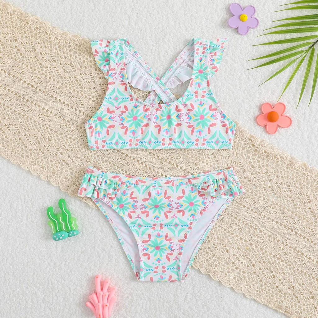 Zweiteiliges Badeanzug-Set für Mädchen mit Rüschen-Trägern und Blumenmuster Bikini-Oberteil und -Unterteil Badebekleidung für Kinder Sommer Strand Pool