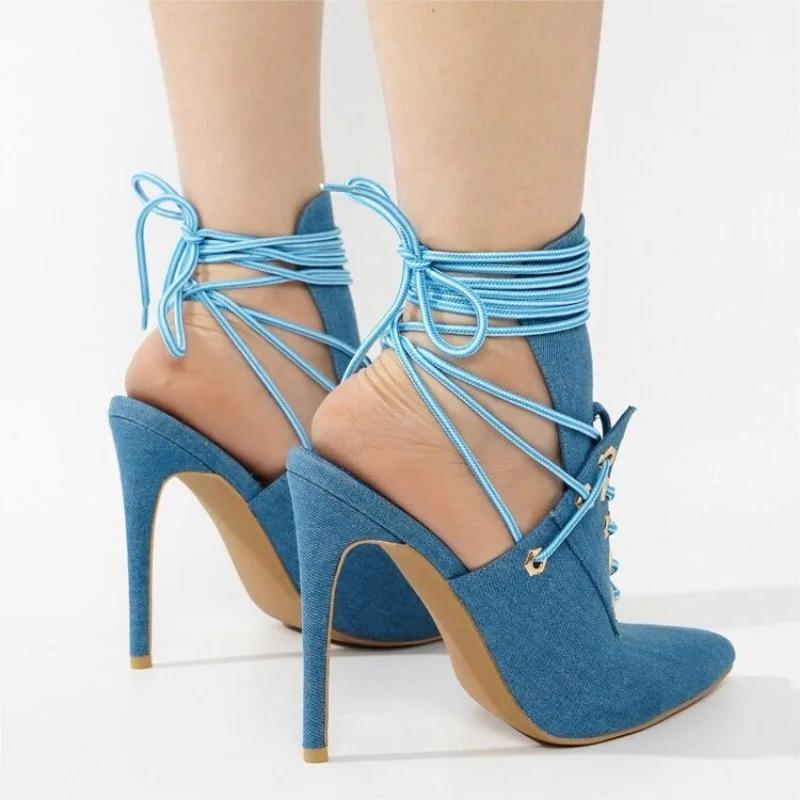 Fashion Fashion Blue Denim Cross Strap High Top Cool Boots European American Ankle Hollow Out Sexy Strap Pointed Party Sandals Size 43