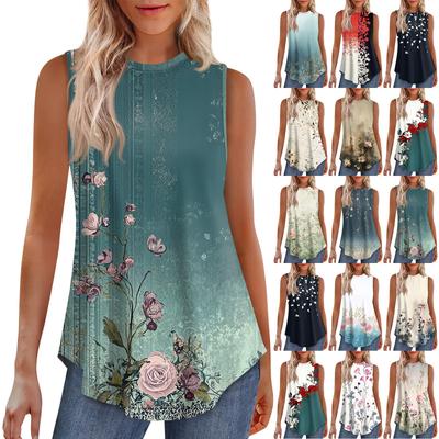 Damenmode Lässige ärmellose Weste Vintage Print Rundhalsausschnitt Ärmelloses Top