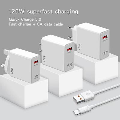120W Super Fast Charger QC5.0 with US/EU/UK Plug, Compatible with Huawei and Xiaomi Devices.