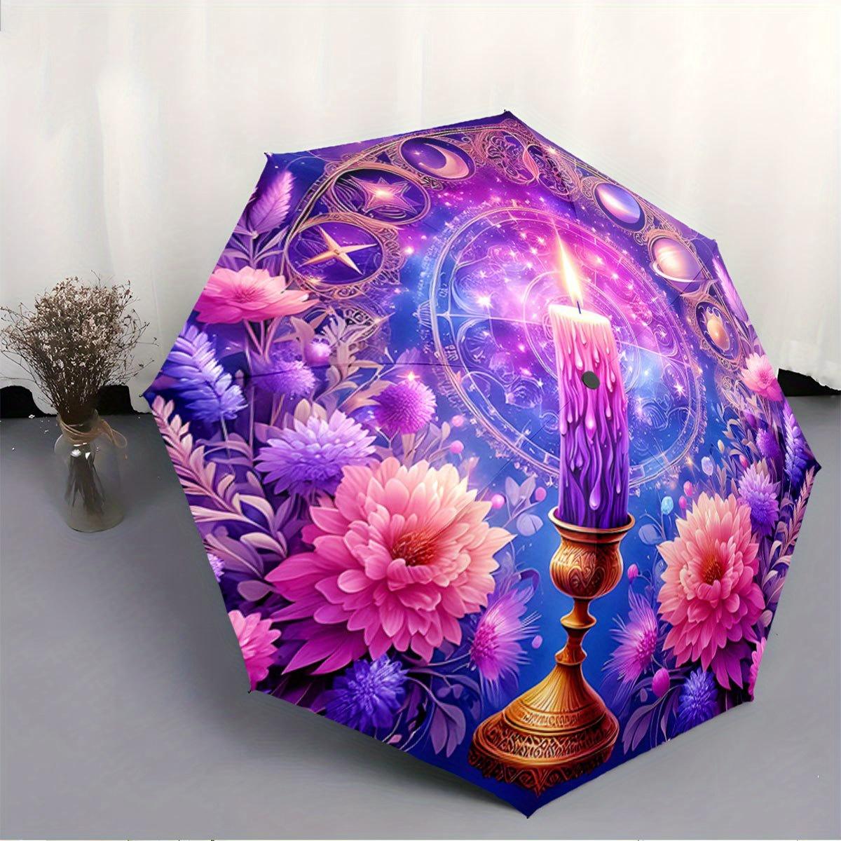 

Automatic Folding Umbrella A mystical candle surrounded by vibrant and celestial symbols. Portable collapsible design, casual Iron&8K