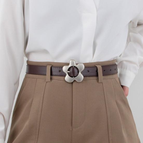 Imitation Leather Women Belt Metal Flower Pin Buckle Adjustable Design