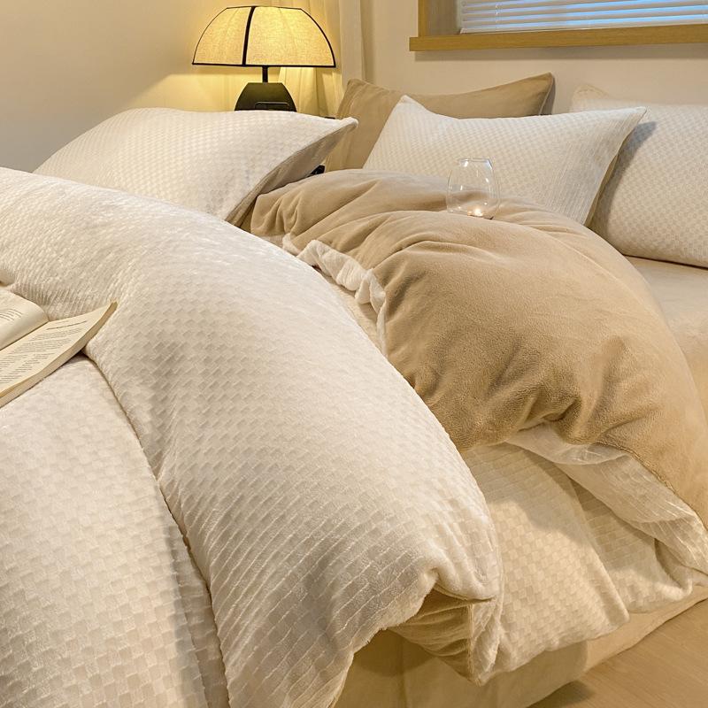 Double-Sided Thickened Milk Coral Fleece Bed Four-Piece Set Fleece Quilt Cover Coral Flannel Bed Sheet Bedding