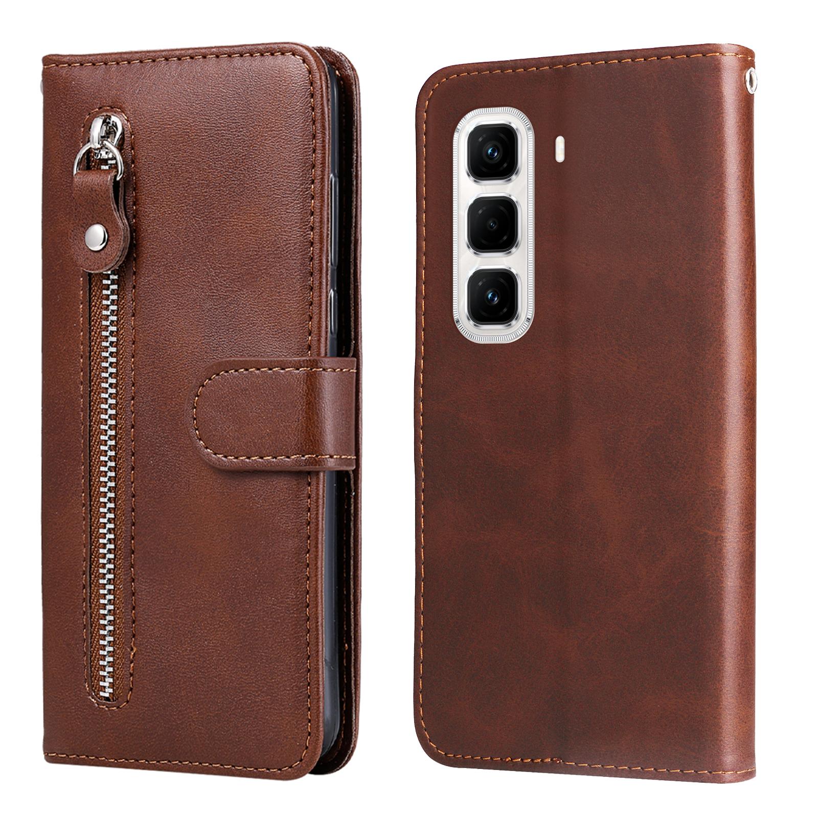 

For Infinix Hot 50 Pro+ 4G Case Zipper Wallet Calf Texture PU Leather Phone Cover Brown