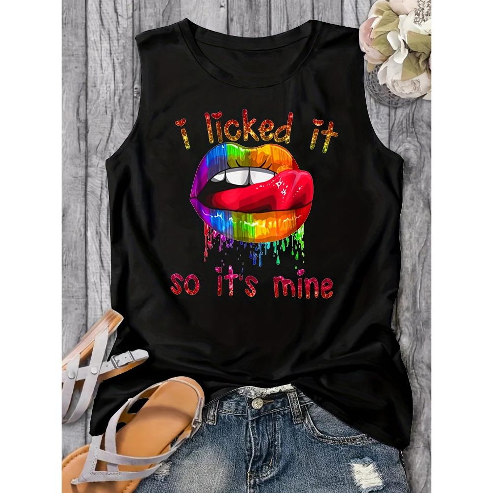 

Loose, large, breathable, and comfortable sleeveless T-shirt with summer colored letter print and lips, suitable for women 4XL