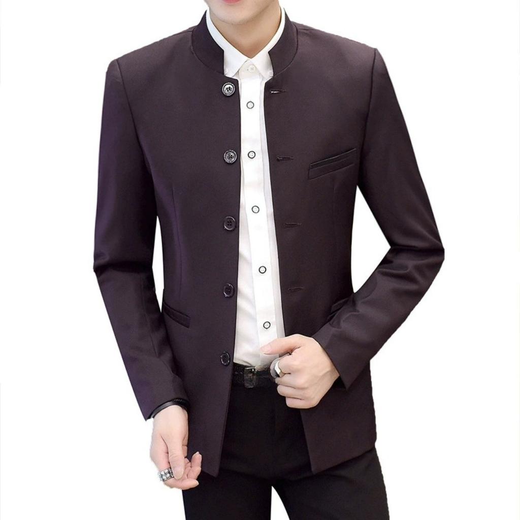 Blazer da Uomo Nero Stile Cinese Collo Alto Manica Lunga Vestibilità Slim alla Moda Giacca Blazer a Singolo Petto