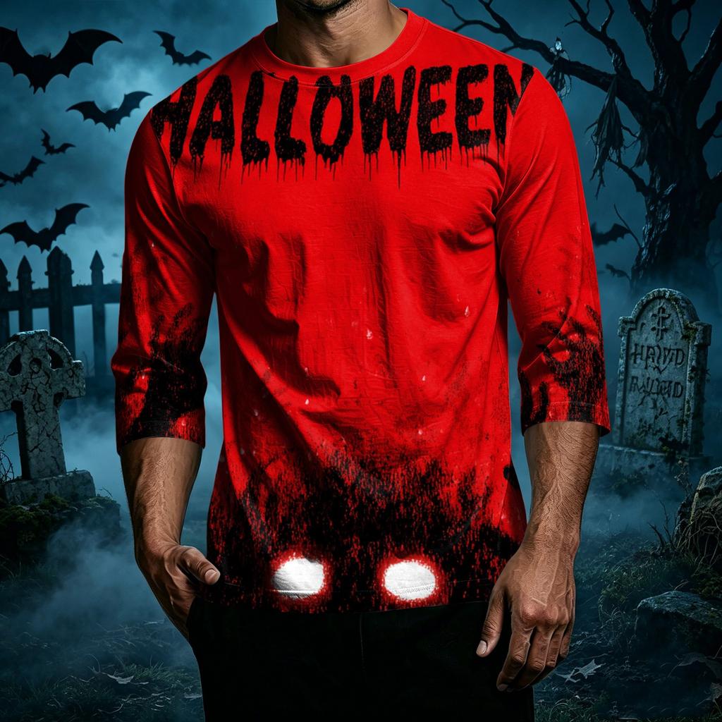 Men's Casual Halloween Print Crew Neck T Shirt Three Quarter Sleeve Top Comfortable Fit Lightweight Fabric Stylish Design