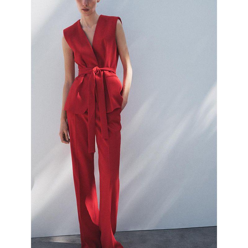 With Padded Shoulder with Belt V Neck Vest Jacket 2390198 Strap Accessories Mid Waist Flared Pants 2377198