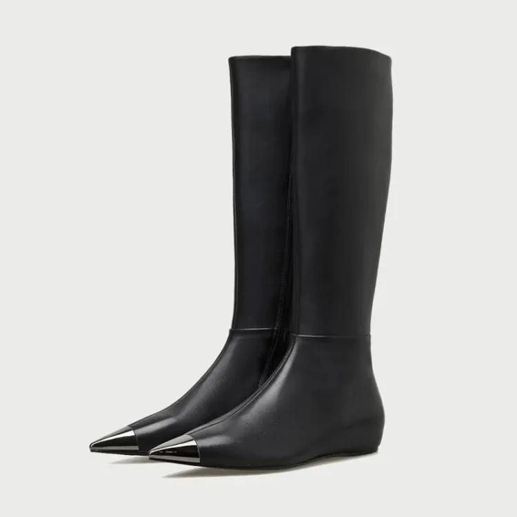 Fashion Brand Metal Pointed Women Knee Long Boots Fashion Stage Show Black Sexy Autumn Winter Over Knee Length Boots Size 34-45