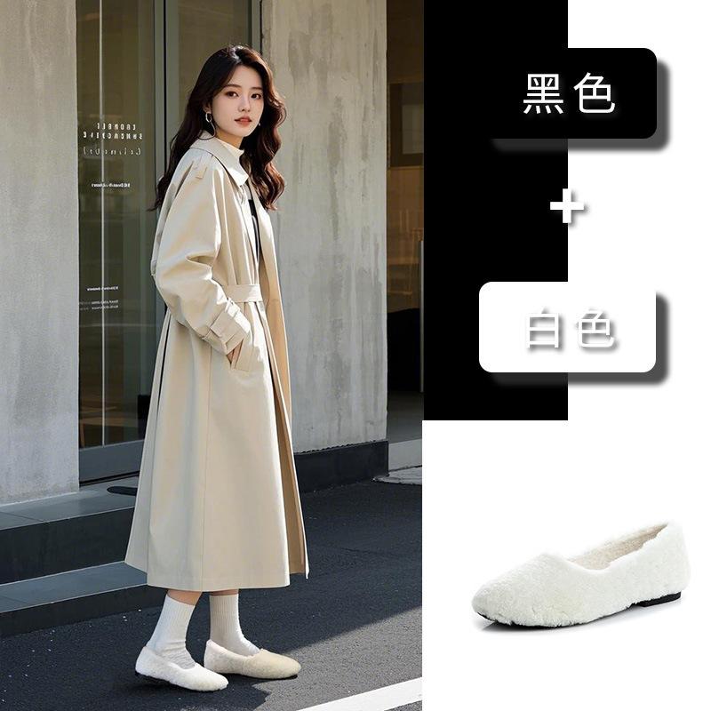 Real wool women's shoes 2025 autumn and winter new one-pedal Mao Mao shoes warm low-top flat single shoes women's white shoes