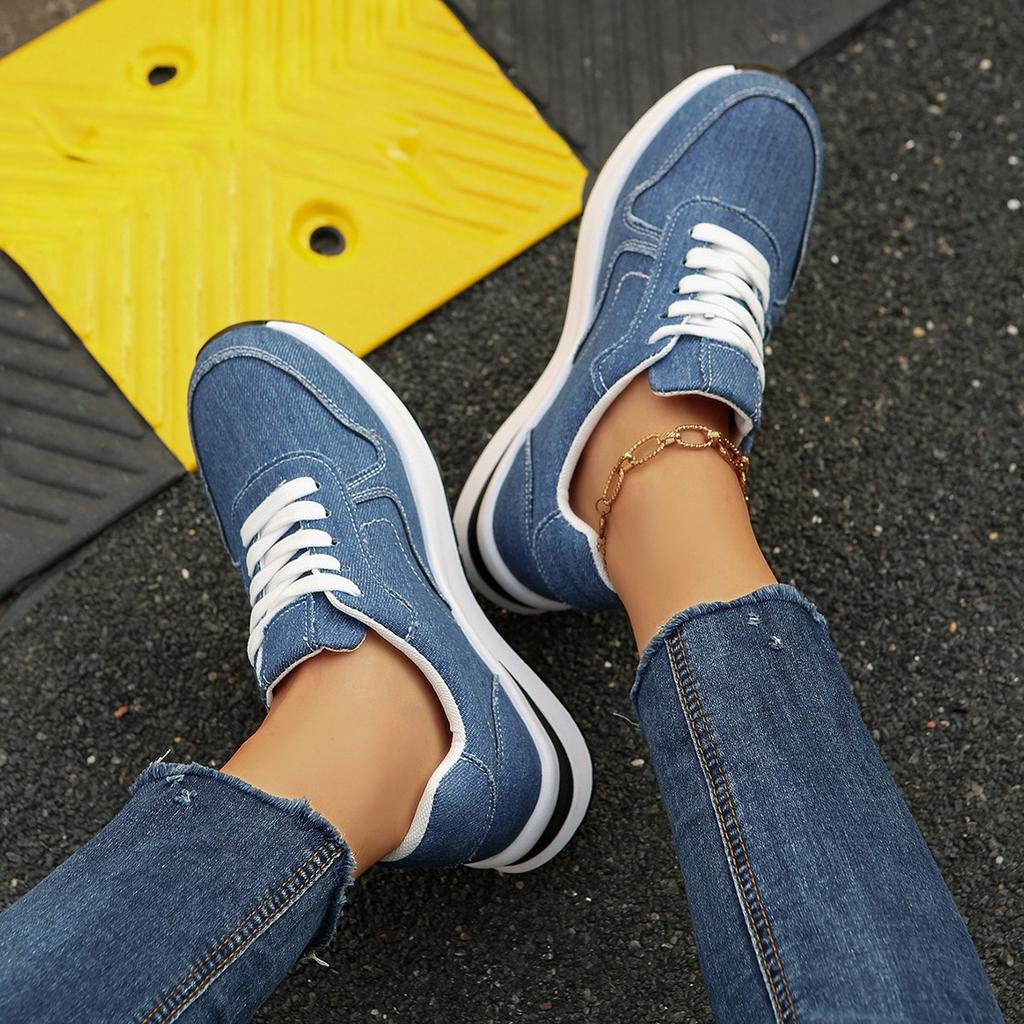 Fashion Comfortable Denim Sewing Sneakers for Women Autumn Casual Solid Lace-Up Women's Sports Shoes Lightweight Walking Shoes Woman