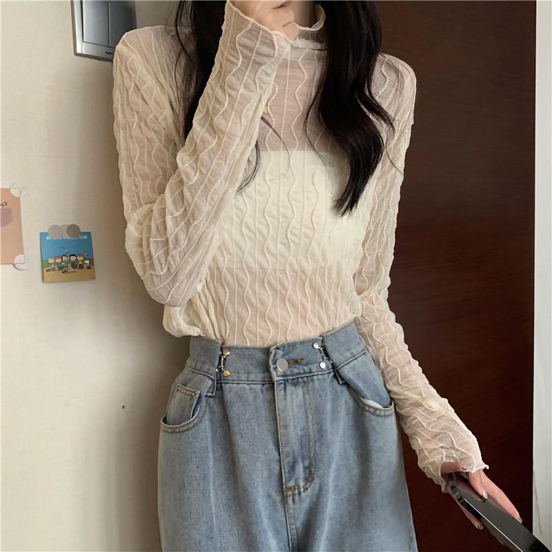 

Qooth Women s Semi Turtle Neck Lace Top Long Sleeve See-Through Blouse QT1991 F бежевый