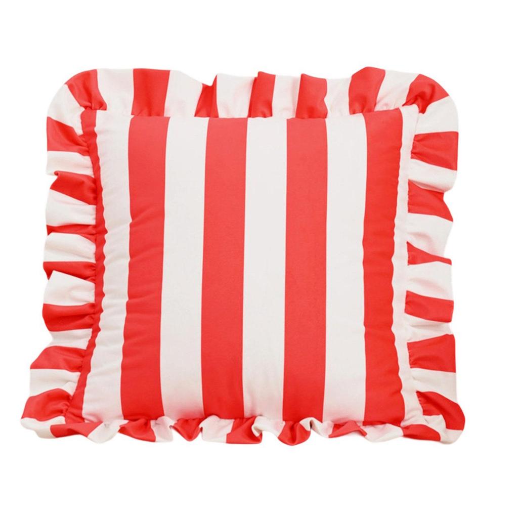 Decorative Ruffled Edge Cushion Case Soft Polyester Fabric Striped Pattern Home Accent Square Throw Pillow Cover