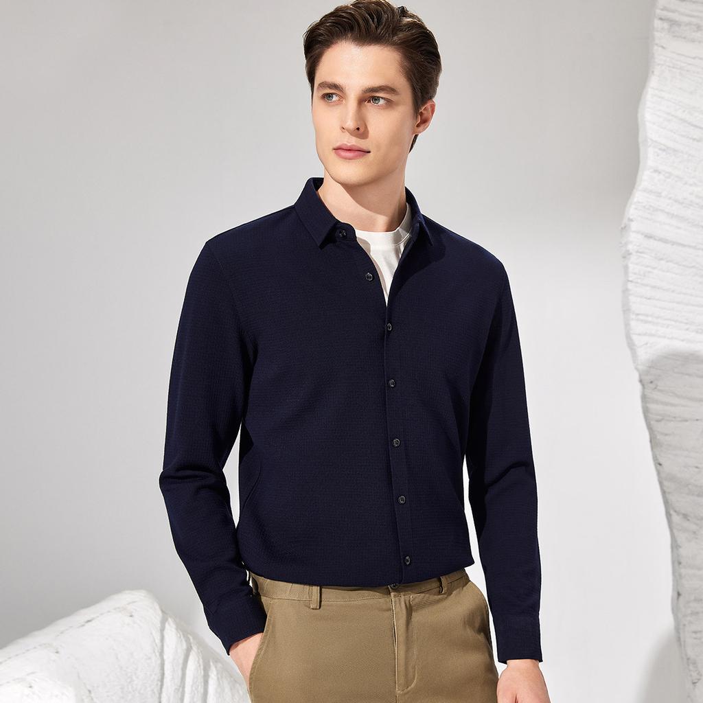 Thick and Soft Skin Friendly Long Sleeved Shirt with Wool and Waffle Jacquard, Men's Business High-end Shirt