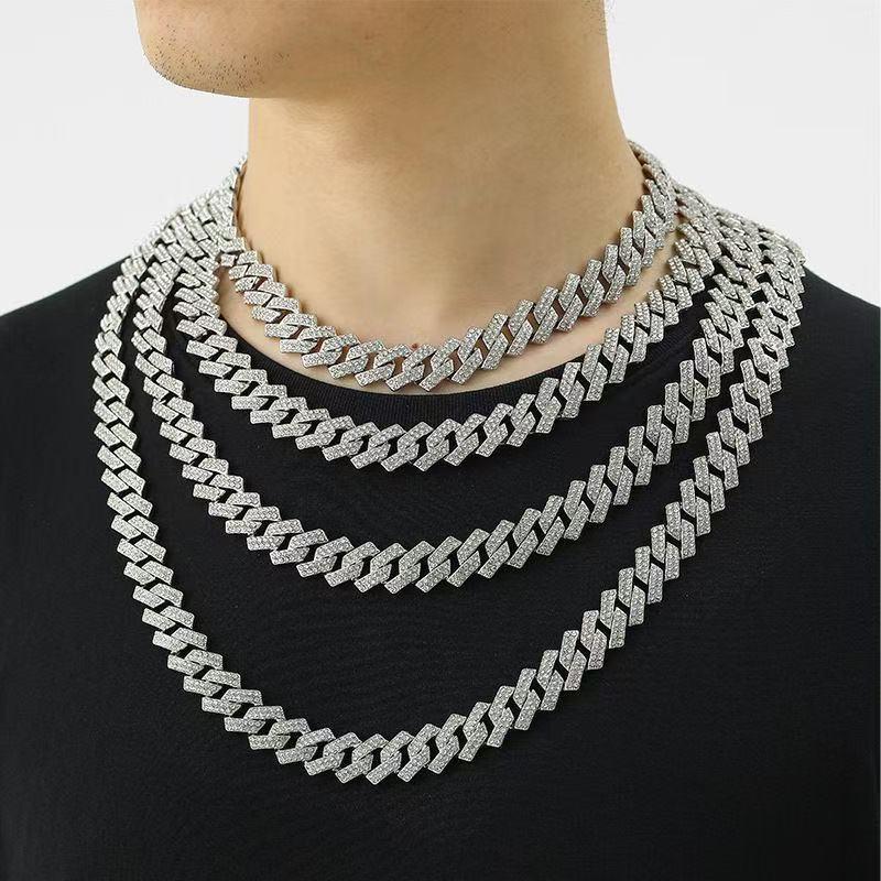 Bracciale Collana Trendy a Catena Cubana 14mm in Lega di Zinco e Strass - Stile Hip-Hop